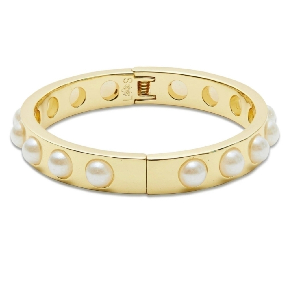 New Lele Sadoughi Bubble Hinged Gold Pearl Cuff Bracelet NWT